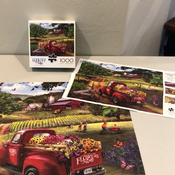 1000 pc Buffalo Puzzle "Friendly Farm Flowers" Red Truck Country Farm Meadow - Picture 4 of 4